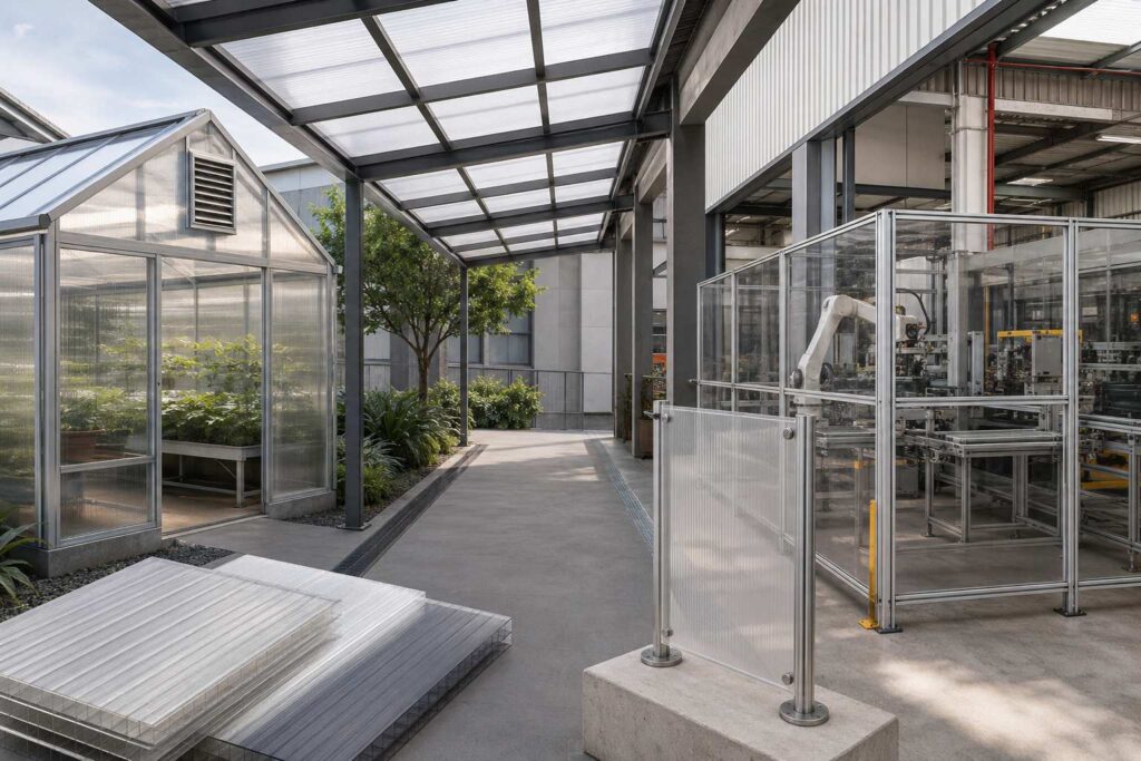 Polycarbonate sheets used in roofing, greenhouse, and industrial facility applications