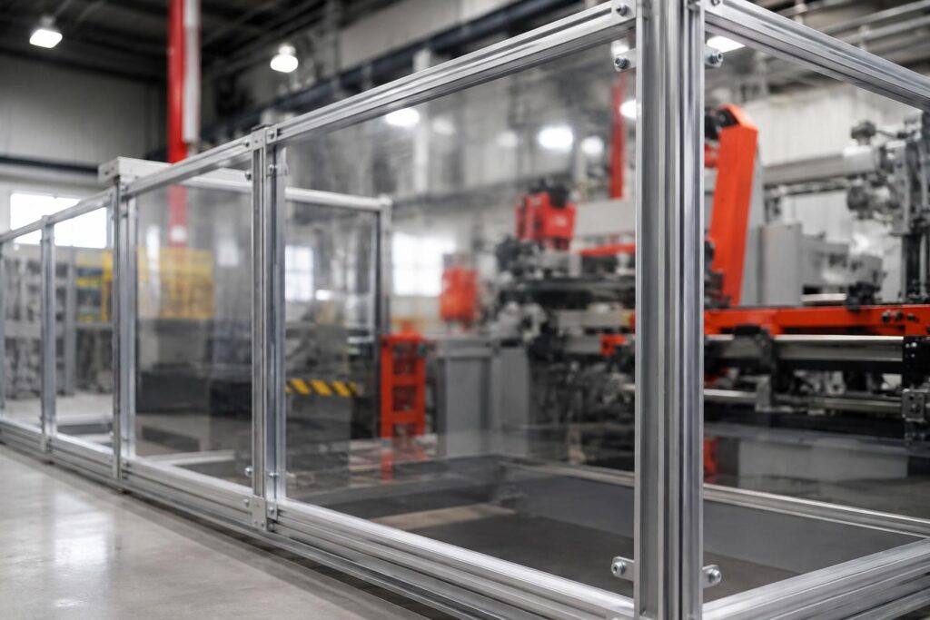 Clear polycarbonate safety panels protecting machinery in an industrial facility
