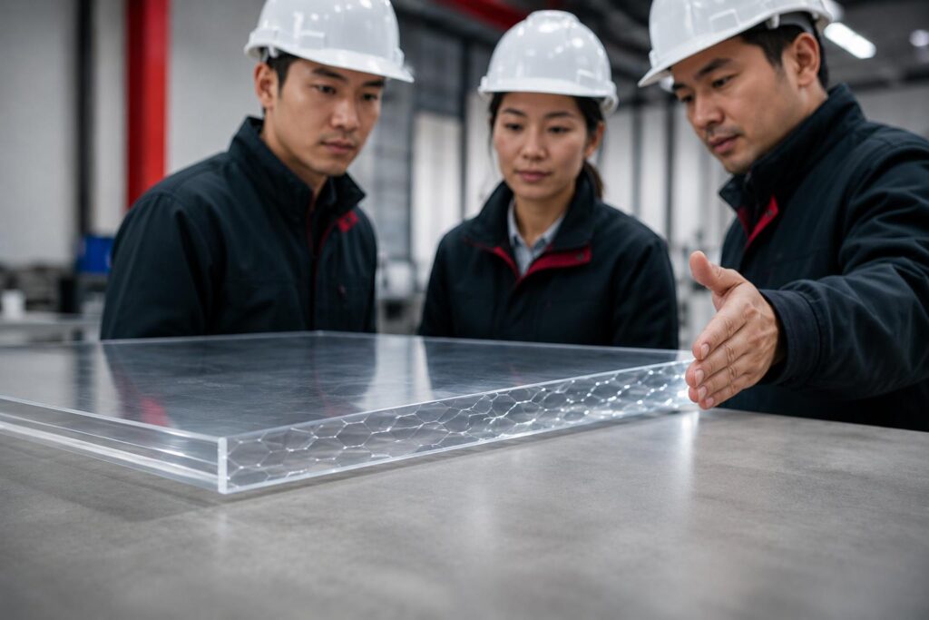 Construction professionals inspecting a clear polycarbonate sheet sample
