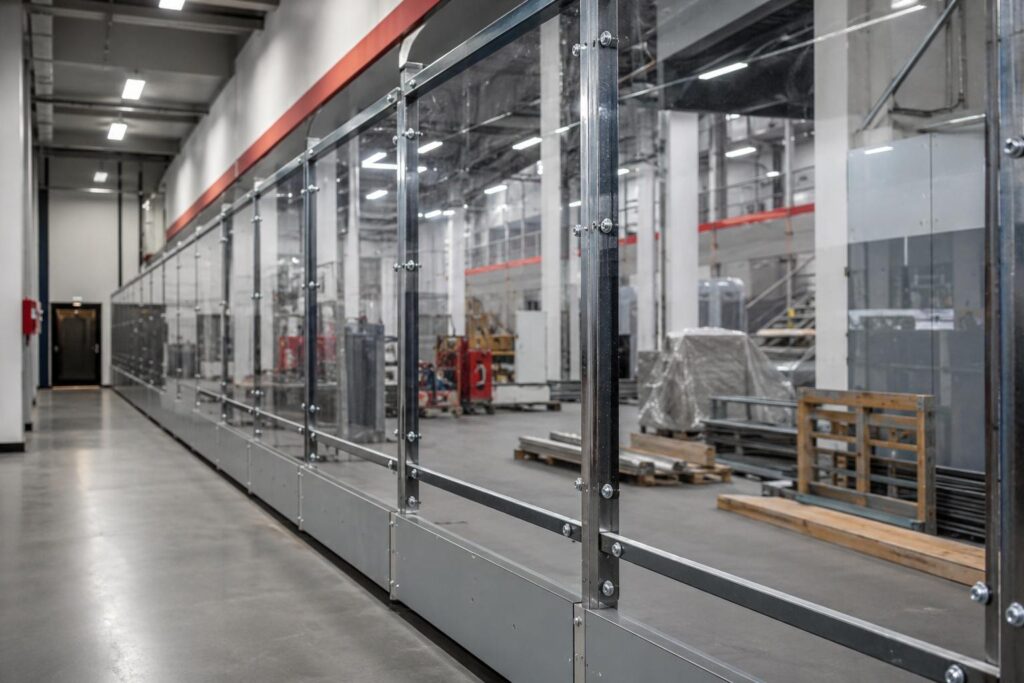 Clear polycarbonate safety panels installed in an industrial facility