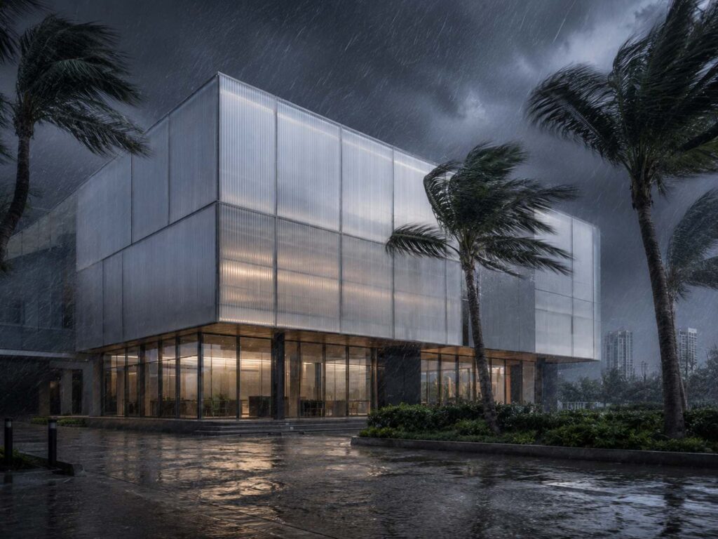 Modern commercial building facade with translucent panels and reinforced framing exposed to heavy tropical rain and strong wind