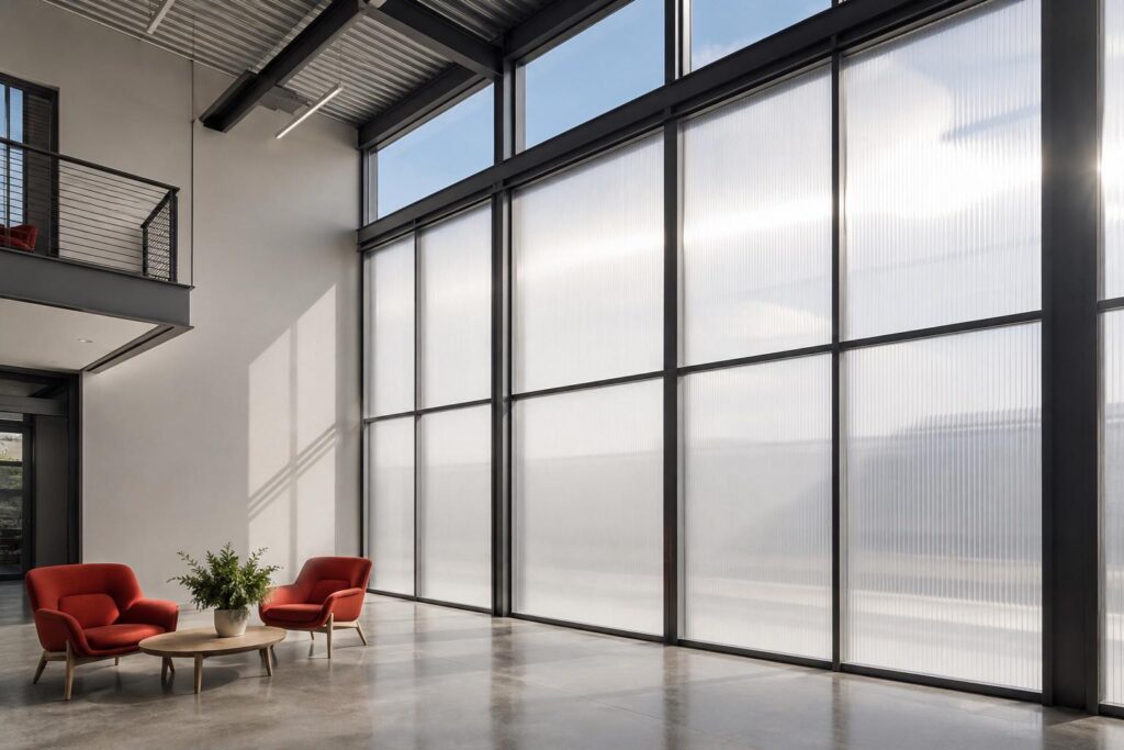 Modern commercial interior with soft daylight diffused through large translucent polycarbonate facade panels and red lounge chairs