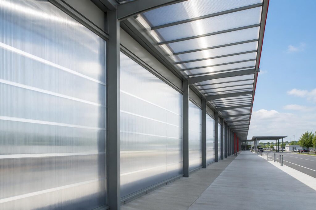 Long commercial walkway with translucent polycarbonate wall panels, steel framing, and a covered canopy under bright daylight