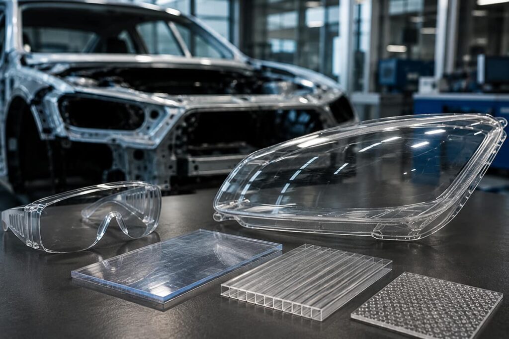 Transparent automotive components, including a headlamp lens, safety goggles, solid acrylic sheet, and structured polycarbonate panels in a vehicle factory