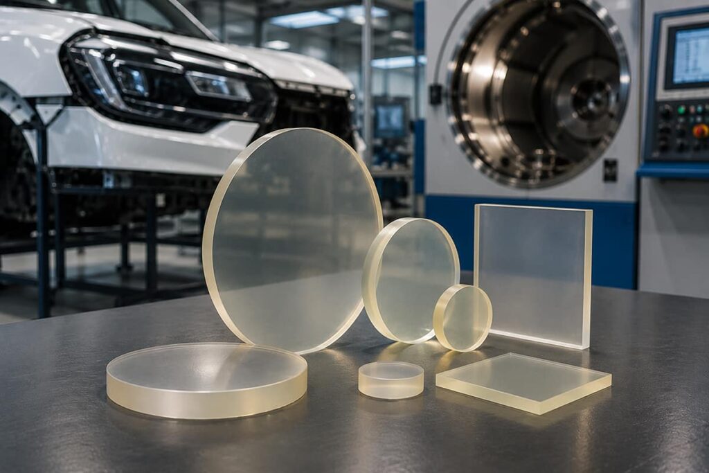 Circular and rectangular transparent material samples displayed beside automotive testing equipment and a partially assembled vehicle
