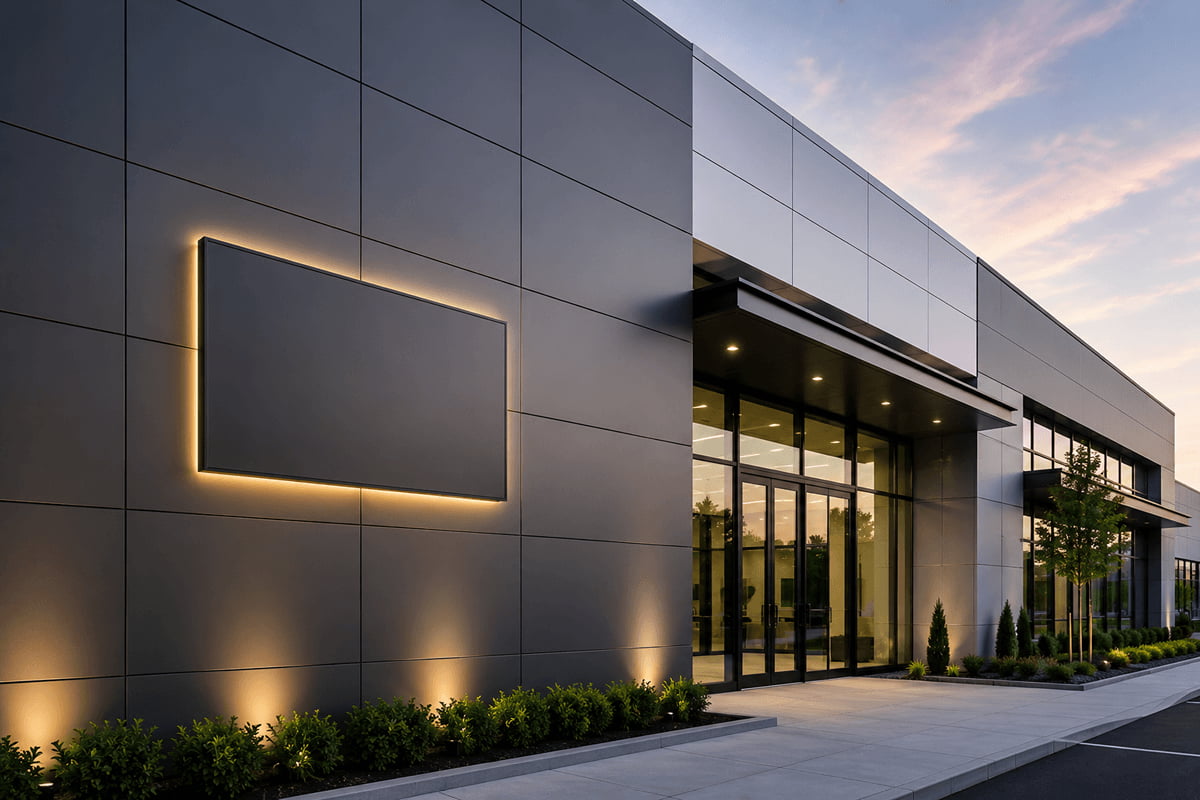 Modern commercial building clad in dark architectural panels with glass entrances, exterior lighting, and a blank illuminated signboard
