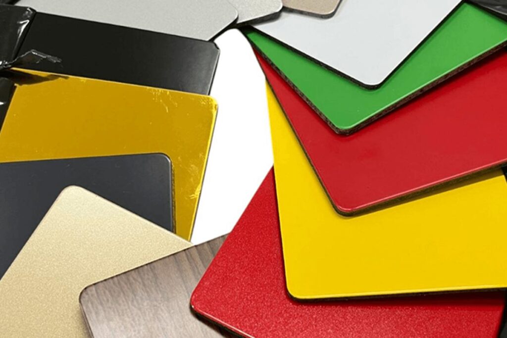 Close-up of aluminum composite panel samples in metallic, wood-grain, black, white, red, yellow, and green finishes