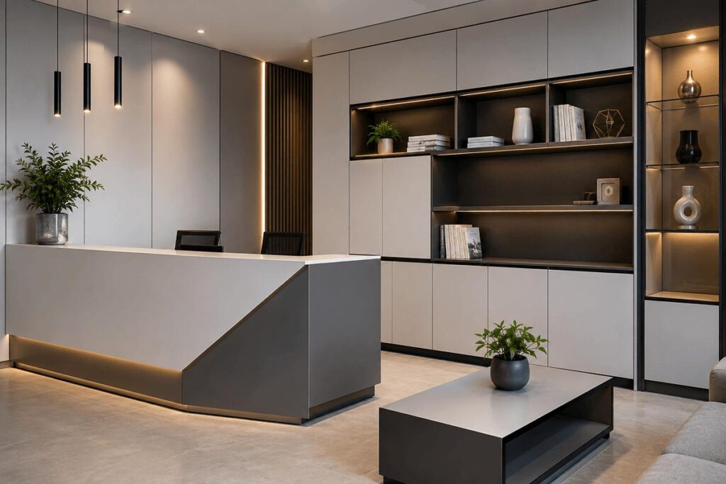 Contemporary office reception with gray aluminum composite panel cabinetry, display shelves, geometric counter, and warm accent lighting