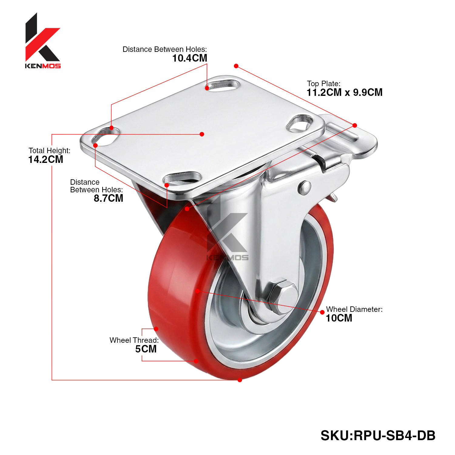 4" RED PU ON CAST IRON SILVER CTR DB SIDEBRAKE