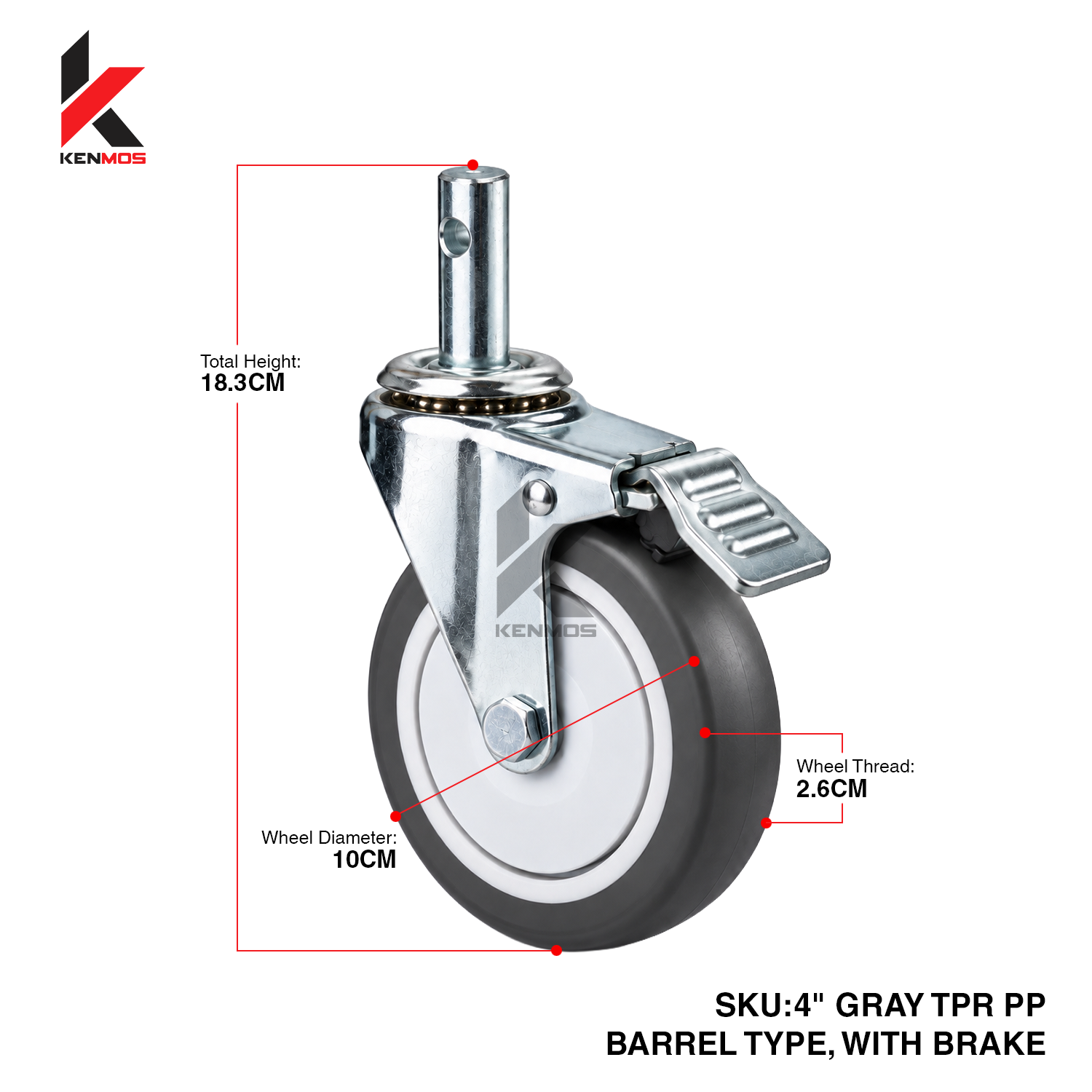 4" Gray TPR PP Center Barrel Type With Brake