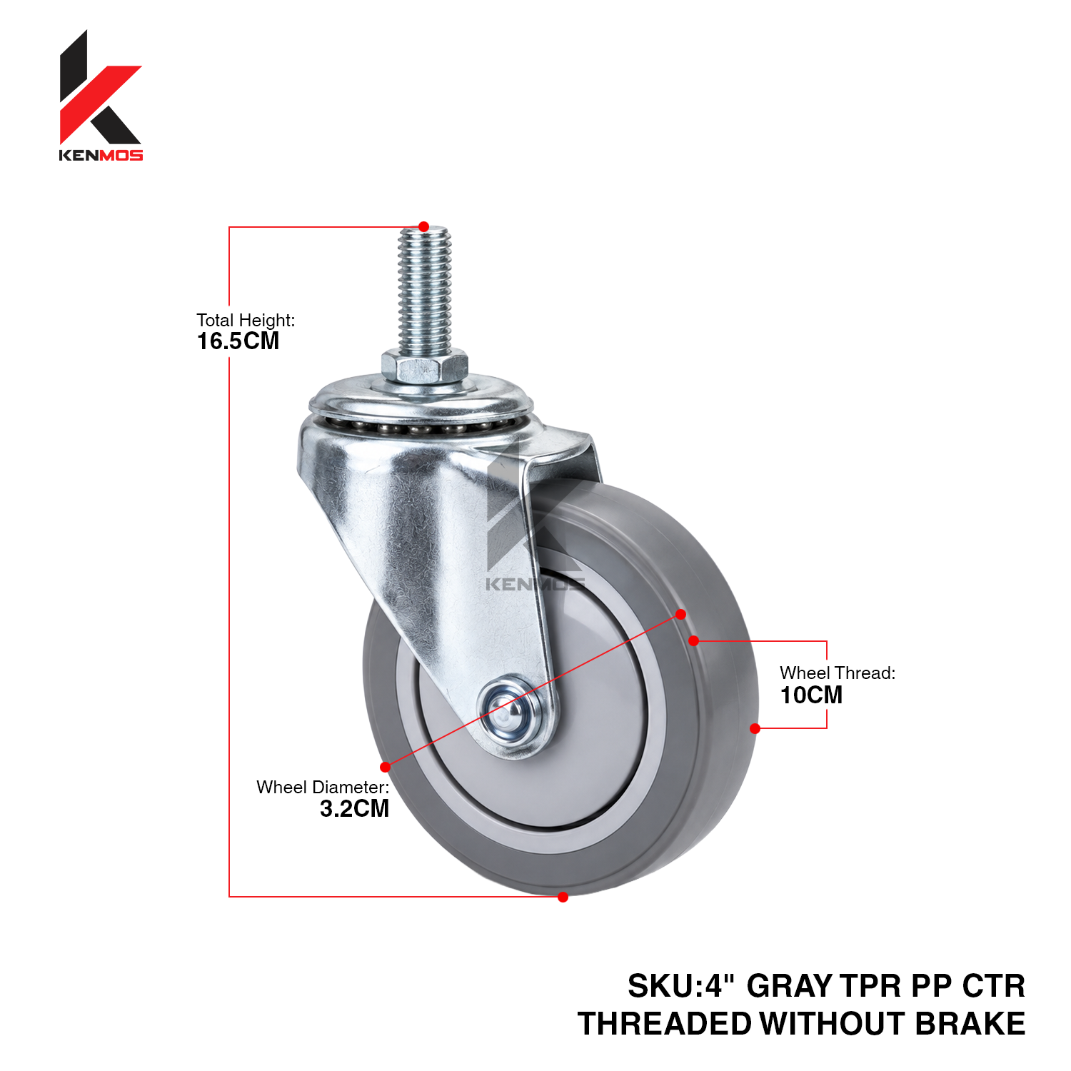 4" Gray TPR PP Center Threaded Without Brake