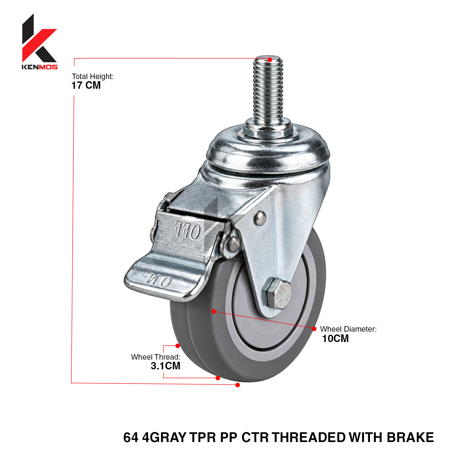 4" Gray TPR PP Center Threaded With Brake
