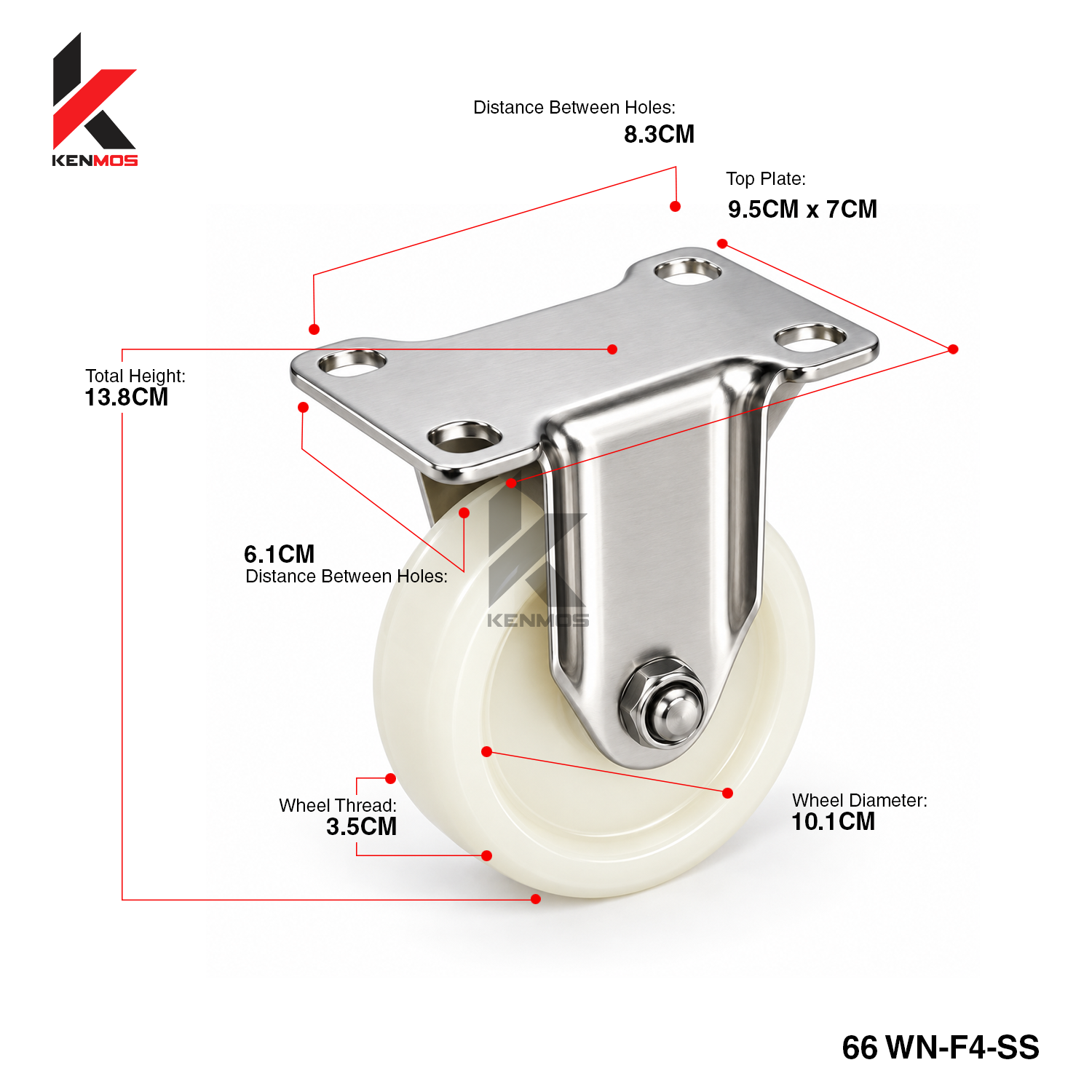 4" White Nylon Stainless 304 Fixed