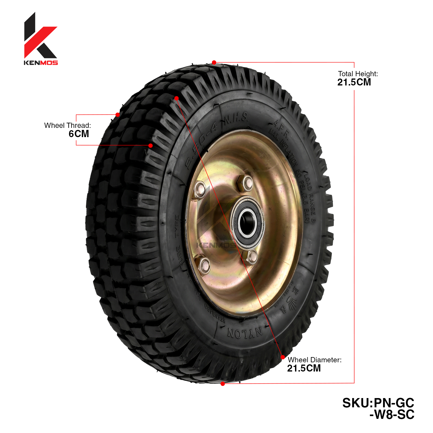 8" PNEUMATIC GOLD CTR WHEEL ONLY