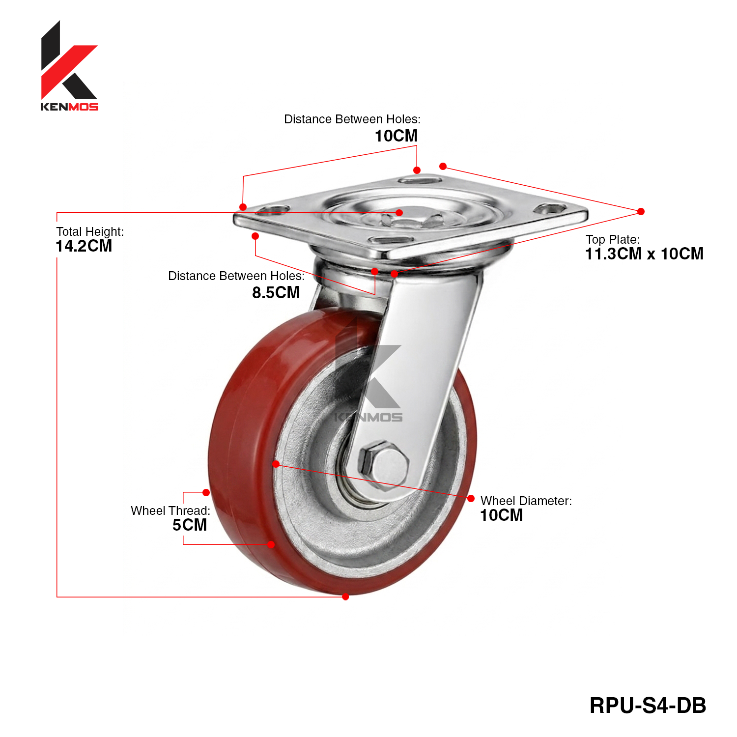 4" RED PU ON CAST IRON SILVER CTR SWIVEL