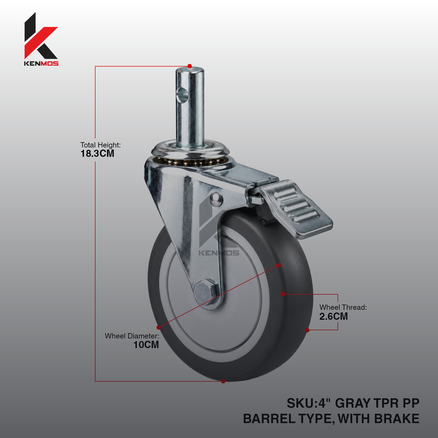 4" GRAY TPR PP CENTER BARREL TYPE WITH BRAKE