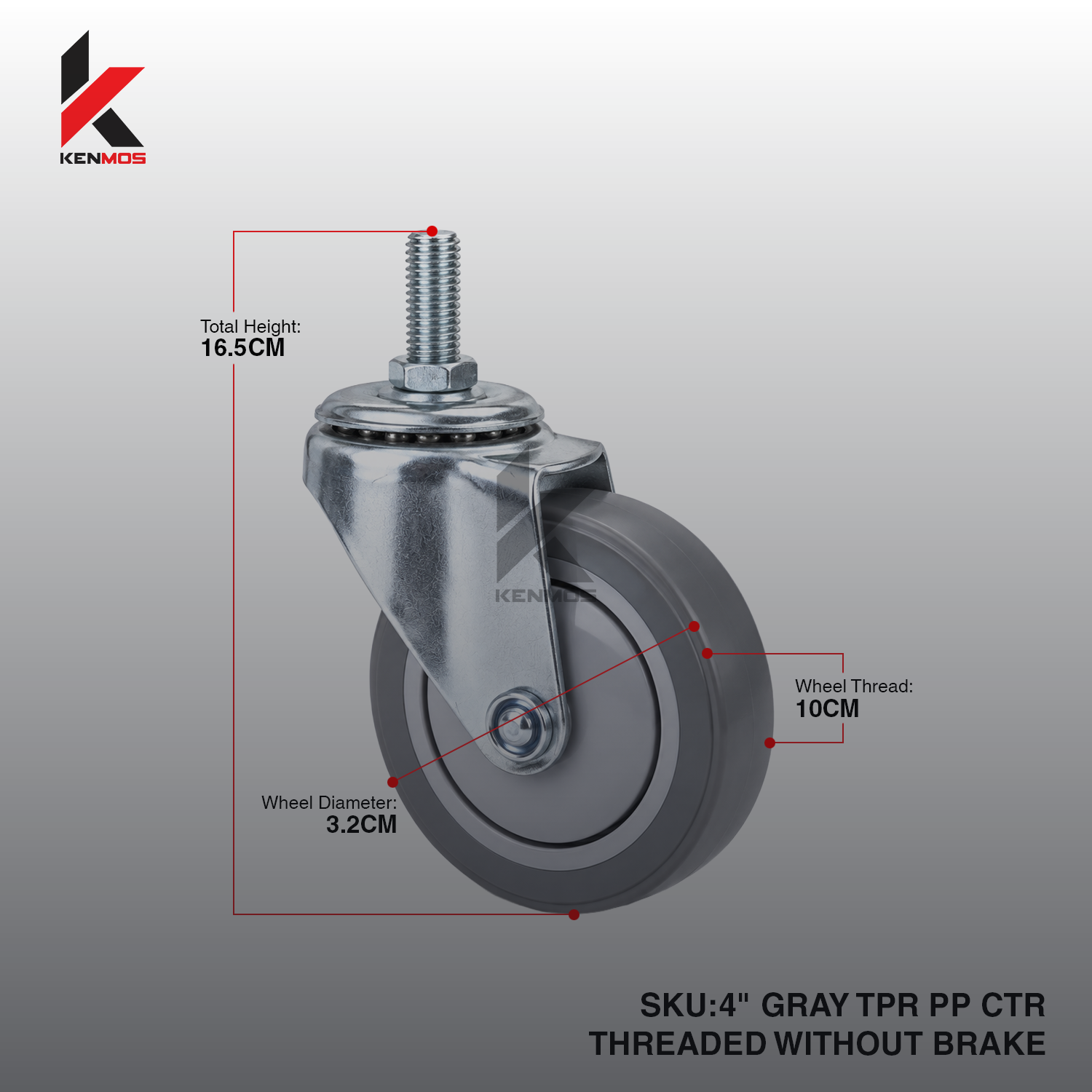 4" GRAY TPR PP CENTER THREADED WITHOUT BRAKE