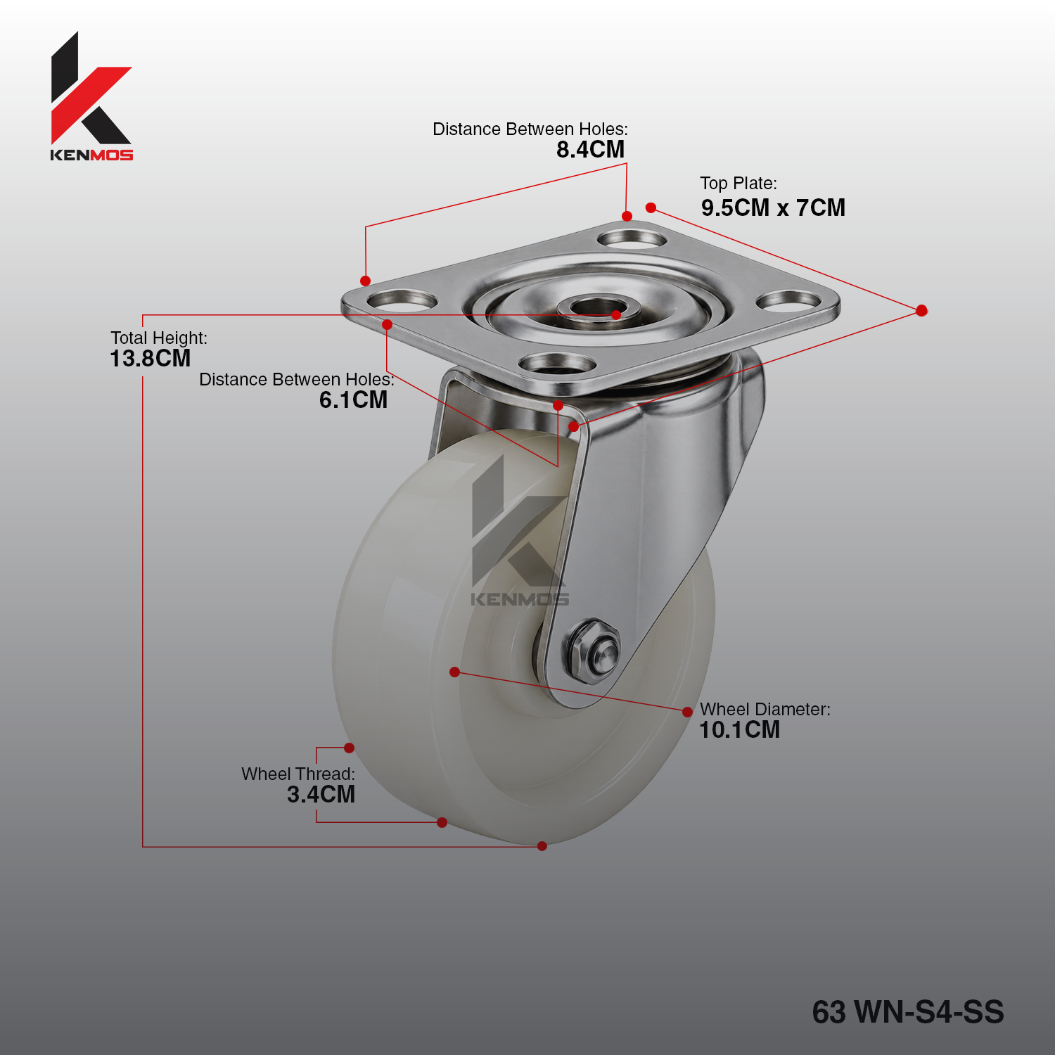 4" WHITE NYLON STAINLESS 304 SWIVEL