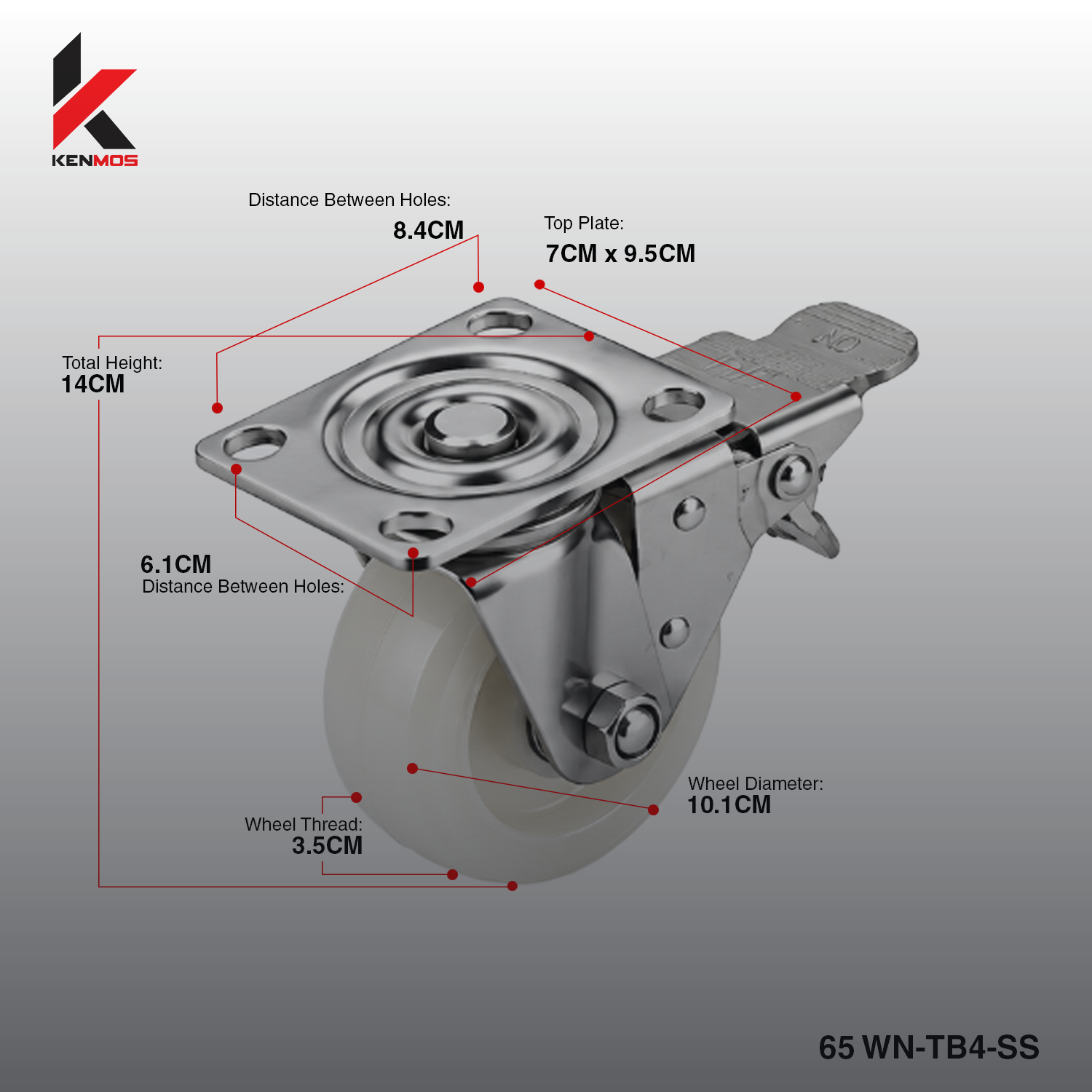 4" WHITE NYLON STAINLESS 304 TOP BRAKE